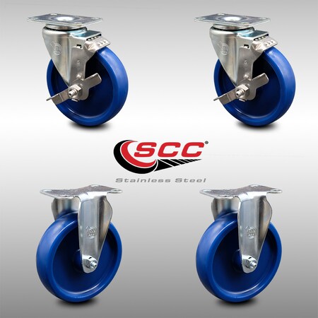 Service Caster 5 Inch SS Solid Polyurethane Top Plate Caster Set with 2 Brake 2 Rigid SCC SCC-SS20S514-SPUS-TLB-2-R-2